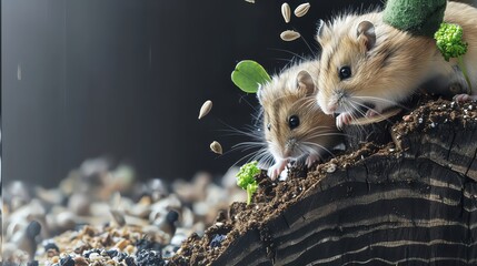 Tiny hamsters sporting miniature hats enthusiastically crunch on seeds, their cheeks bulging comically, closeup