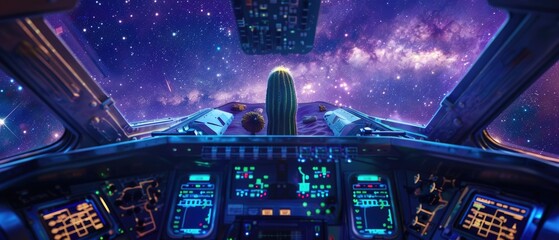 Lone cactus on a spaceship's control panel with the Milky Way galaxy sprawling in the background - obrazy, fototapety, plakaty