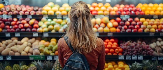 Grocery Dilemma: Contemplating High Produce Prices. Concept Budgeting Tips, Seasonal Produce, Grocery Delivery, Meal Planning, Shopping Alternatives - obrazy, fototapety, plakaty
