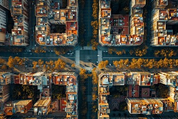 This photo captures an expansive aerial view of a city characterized by numerous towering buildings, Bird's view of the grid layout of the city of Barcelona, AI Generated