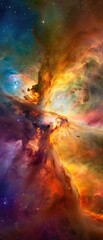 Radiant colors of a nebula highlighted by the soft light from a serene galaxy core
