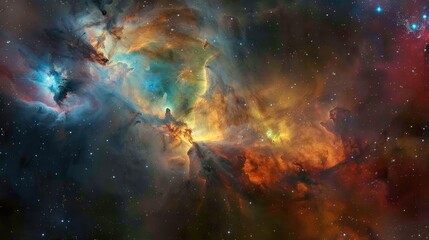 Soft light from a galaxy core subtly illuminating a vibrant, multicolored nebula - obrazy, fototapety, plakaty