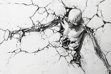 This photo depicts a black and white drawing of a skeleton positioned on cracked ground, Black and...