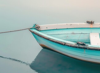 Obraz premium Serene Solitude: A Lone Boat's Reflection on Calm Waters - Generative AI