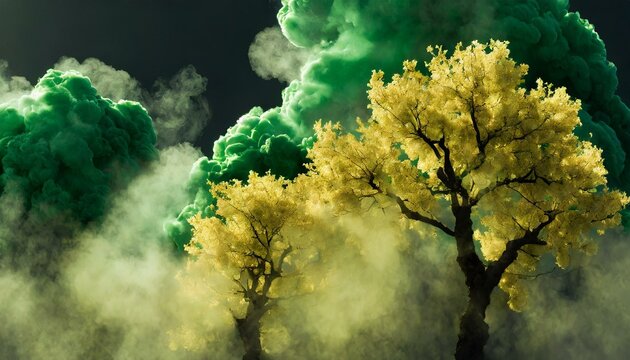 ai generative of a background poster with dark green smoke and yellow sakura