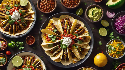 top view shoot of Mexican cuisine food for cinco de mayo celebration like tacos and other