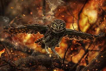 Burrowing Owl's harrowing encounter with wildfire, poised for flight amidst smoldering terrain Concept of adaptability in crisis