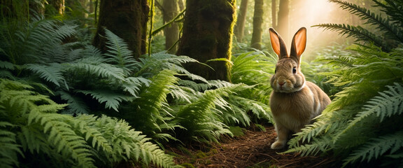 A wild hare or rabbit sits among the ferns in the forest at sunset in the rays of the sun