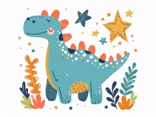 Fototapeta premium Cute Dinosaur with Stars and Leaves