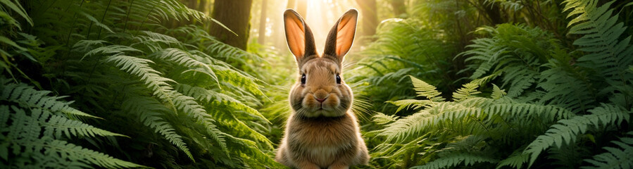 Obraz premium A wild hare or rabbit sits among the ferns in the forest at sunset in the rays of the sun