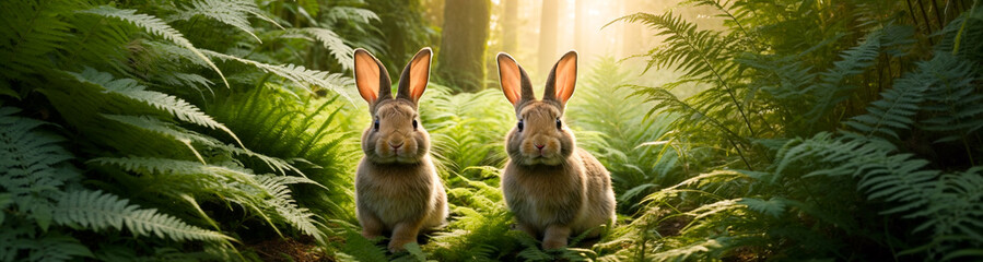 Obraz premium A wild hare or rabbit sits among the ferns in the forest at sunset in the rays of the sun