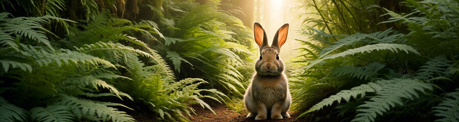 A wild hare or rabbit sits among the ferns in the forest at sunset in the rays of the sun