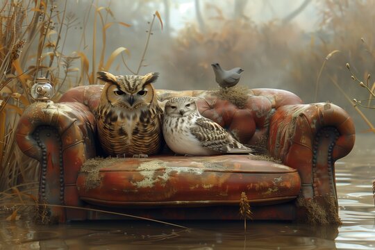 Mystical lakeside encounter with birds and vintage couch: surreal scene featuring an owl and a seagull sitting on an antique couch by a misty lake