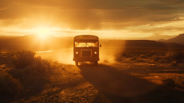 a school bus in the desert, with headlight beams shining through the dust