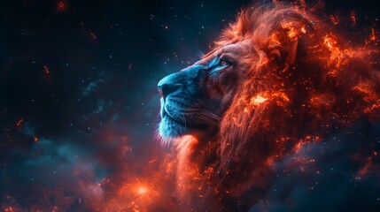 Surreal image of a lion emerging from a fiery space nebula, symbolizing power and the universe; majestic and surreal cosmic lion in abstract digital art; backdrop of a starry sky, nebula in a galaxy
