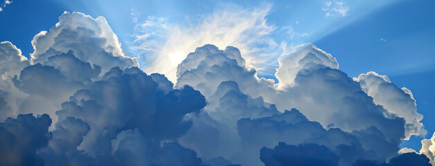 Blue sky with clouds, Early cloudscape sunshine in a cloudy blue sky, Sunrise on blue sky with some...