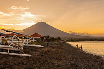 Breathtaking view on Agung volcano from Amed beach in Bali, Indonesia