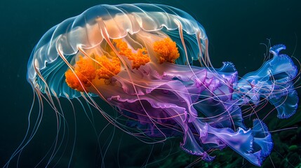 Deep Blue Ocean Background: Glowing Jellyfish Swimming in Sea.