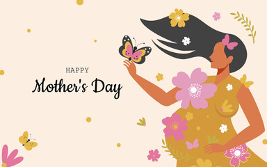 Happy Mother's Day. Blooming pregnant woman in a yellow dress and with butterflies. 