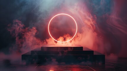 Podium with a central circle that radiate a glowing neon light, surrounded by a circular haze of smoke. Perfect for highlighting dramatic presentations or futuristic concepts - obrazy, fototapety, plakaty