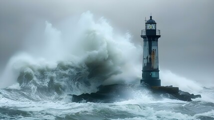Lighthouse's Vigil Amidst Raging Waves. Concept Lighthouse, Vigil, Raging Waves - obrazy, fototapety, plakaty