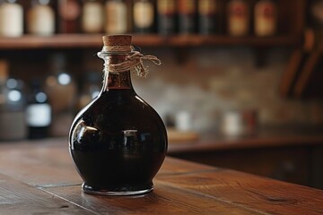 A bottle of liquor is placed prominently on top of a sturdy wooden table, Bottle of 100-year-old balsamic vinegar, AI Generated