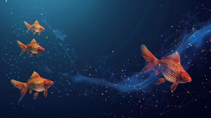 abstract image of goldfish in the form of a starry sky or space, consisting of points and lines. Business concept. Mesh spheres from flying debris. AI generated - obrazy, fototapety, plakaty