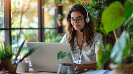 A woman wearing a headset and glasses sitting at her laptop, AI