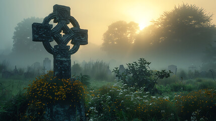 Celtic high cross illuminated by first light, symbolizing ancient spirituality and cultural heritage, captured in serene morning ambiance
