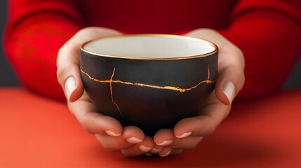Golden Grasp: Woman Holding Modern Chinese Tea Cup with Kintsugi Lines - 788220987