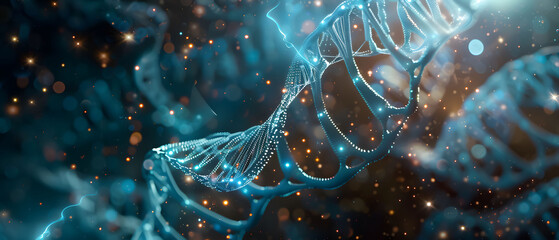 DNA helix strand merging with technological tendrils, bio-tech medical concept - obrazy, fototapety, plakaty