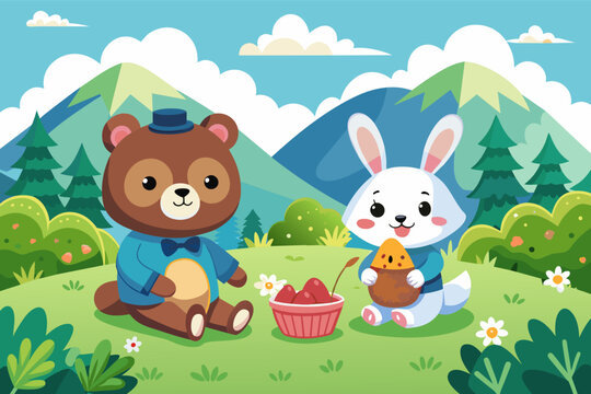 bear and a bunny are sharing a picnic on a hilltop, enjoying the scenic view and each other's company