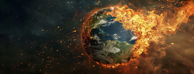 Obraz na płótnie Canvas planet in space, Earth in space, Planet earth Armageddon, land covered with fire and flames, Earth globe burning into flames, America destroyed by fire, conceptual of global warming, temperature, Ai