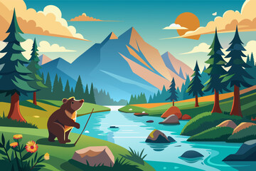 Bear peacefully fishes in a serene mountain stream, surrounded by the calming sounds of nature.