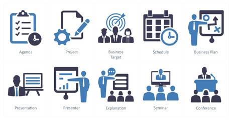A set of 10 business presentation icons as agenda, project, business target