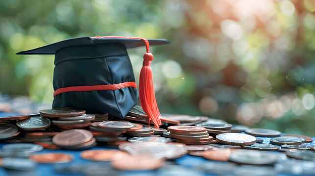 hat graduation model on coins saving for concept investment education and scholarships
