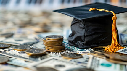 hat graduation model on coins saving for concept investment education and scholarships
