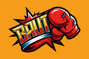 Boxing glove logo with intense typography vector in yellow background, impactful silhouette of a boxing glove - obrazy, fototapety, plakaty