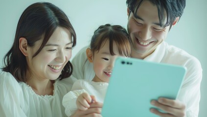 A Japanese family of three is smiling and looking at an iPad or tablet. Young child online learning and entertainment. Portrait of happy asian family spending time together family and home concept
