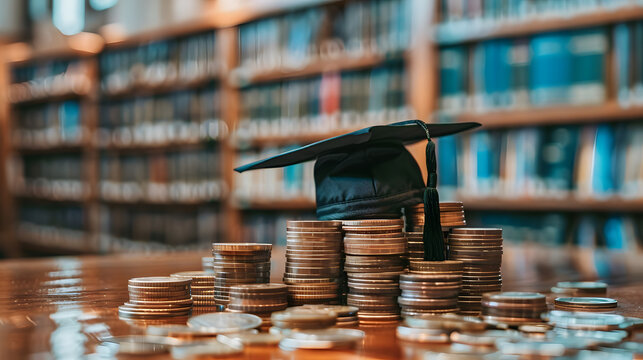 hat graduation model on coins saving for concept investment education and scholarships
