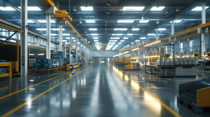 A large industrial building with a lot of windows and a yellow line on the floor. Scene is industrial and modern