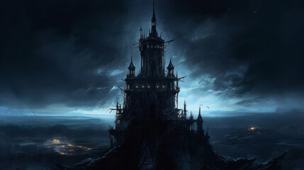 Majestic Gothic Castle Standing Tall Amidst a Stormy Night Sky - obrazy, fototapety, plakaty
