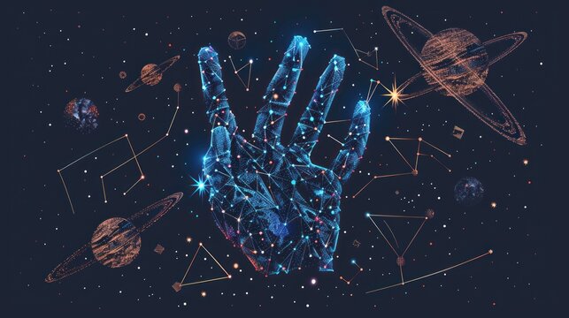Abstract image of Rock on hand sign in the form of a starry sky or space, consisting of points, lines, and shapes in the form of planets, stars and the universe. AI generated