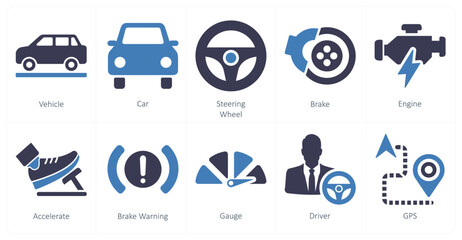 A set of 10 car icons as vehicle, car steering wheel - obrazy, fototapety, plakaty