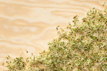 Top view of alfalfa sprouts scattered on a wooden background with space for text.