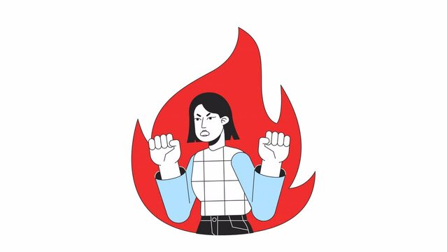 Angry woman with emotional burnout line 2D animation. Female in burning flame 4K video motion graphic. Expressive reaction on stress linear animated cartoon flat concept, white background