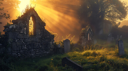 Sunrise behind church ruins: Golden light bathes ancient stones as dawn breaks, casting shadows of history. Serene ambiance evokes both awe and tranquility