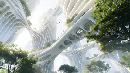 Futuristic Architecture Amidst Lush Greenery in a Modern Eco-City - obrazy, fototapety, plakaty