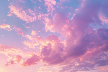 A serene pastel purple sky at dusk with delicate clouds. Beautiful purple and pink clouds fill the...