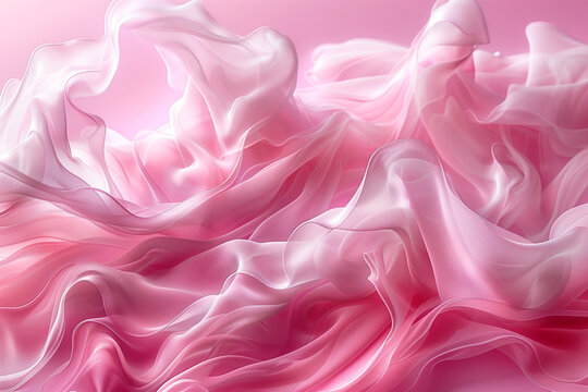 A pastel pink background with abstract swirls. Close up of vibrant pink and white satin or silk fabric on pink background